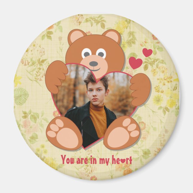 Cute Teddy Bear Heart Photo Valentine Love Magnet (Front)