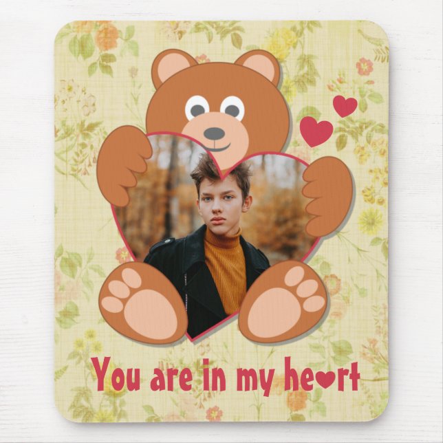 Cute Teddy Bear Heart Photo Valentine Love Mouse Pad (Front)