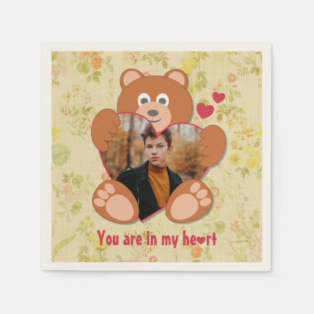 Cute Teddy Bear Heart Photo Valentine Love Napkins (Front)