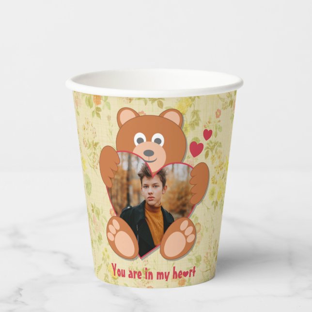 Cute Teddy Bear Heart Photo Valentine Love Paper Cups (Front)