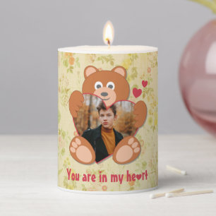Cute Teddy Bear Heart Photo Valentine Love Pillar Candle