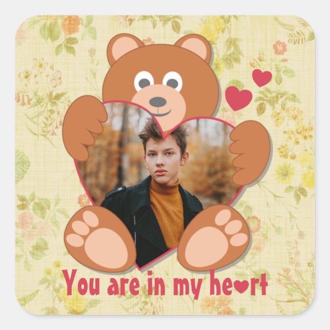 Cute Teddy Bear Heart Photo Valentine Love Square Sticker (Front)