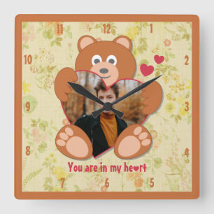 Cute Teddy Bear Heart Photo Valentine Love Square Wall Clock