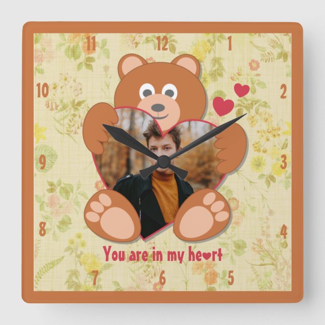 Cute Teddy Bear Heart Photo Valentine Love Square Wall Clock (Front)