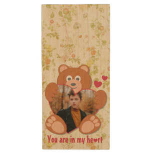 Cute Teddy Bear Heart Photo Valentine Love Wood Flash Drive