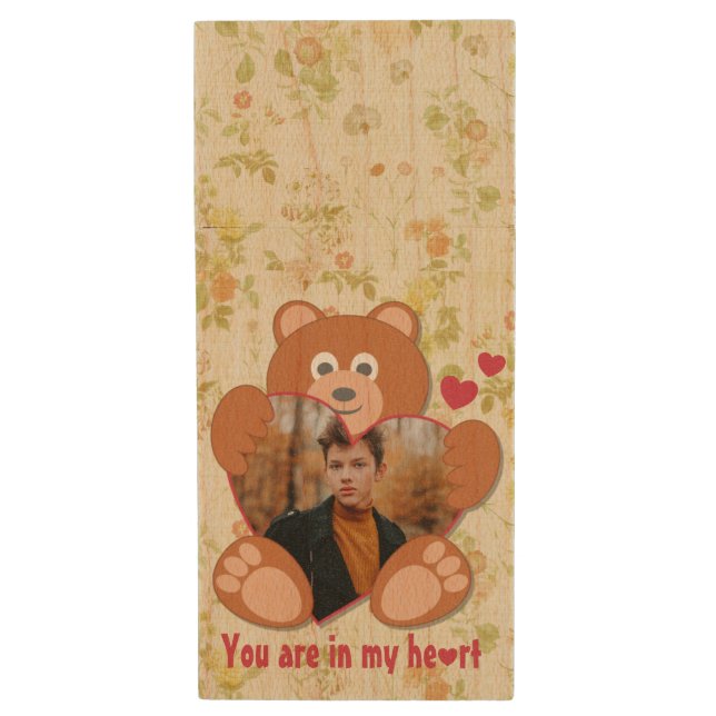Cute Teddy Bear Heart Photo Valentine Love Wood Flash Drive (Front Vertical)