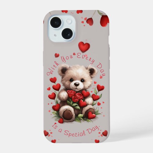 Cute Teddy Bear Hearts Red Roses Valentines Day iPhone 15 Case