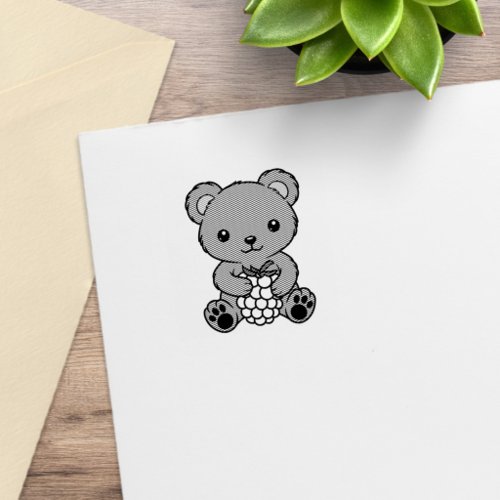 Cute Teddy Bear Holding a Berry 1x1 Rubber Stamp
