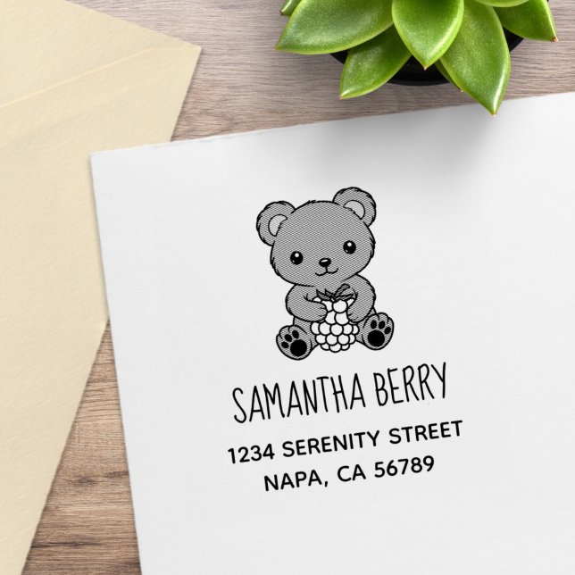 Cute Teddy Bear Holding a Berry Address Rubber Stamp (Creator Uploaded)