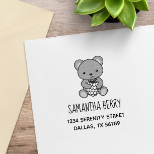 Cute Teddy Bear Holding a Berry Address Rubber Stamp
