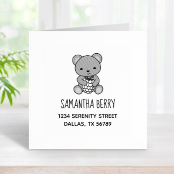 Cute Teddy Bear Holding A Berry Address Rubber Stamp by Chibibi at Zazzle