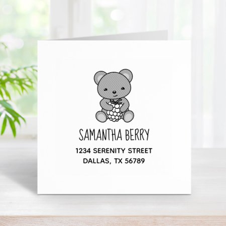 Cute Teddy Bear Holding A Berry Address Rubber Stamp