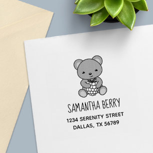 Cute Teddy Bear Holding a Berry Address Self-inking Stamp