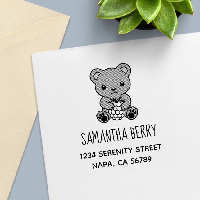 Cute Teddy Bear Holding a Berry Address Self-inking Stamp (Creator Uploaded)