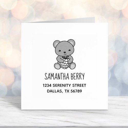 Cute Teddy Bear Holding a Berry Address Self_inking Stamp