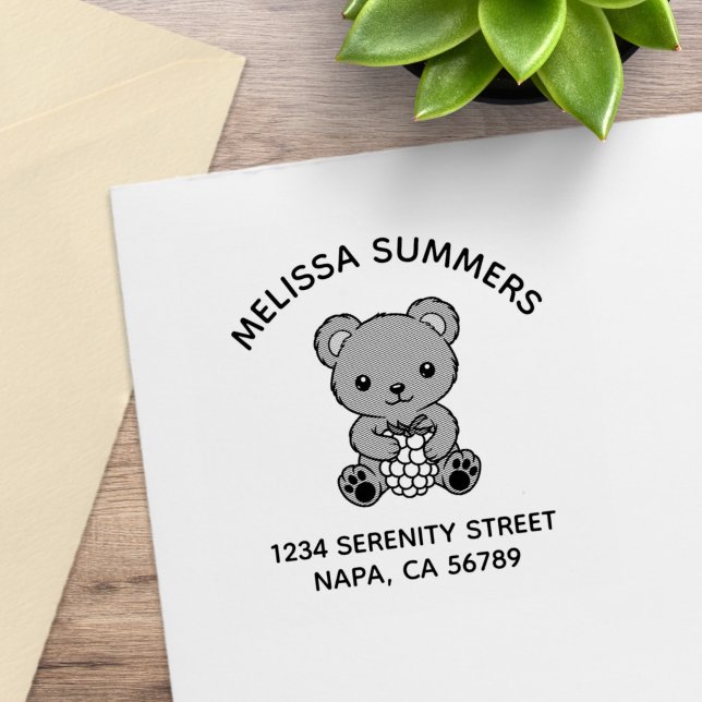 Cute Teddy Bear Holding a Berry Arch Address Rubber Stamp (Creator Uploaded)