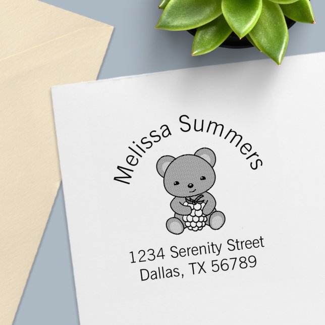 Cute Teddy Bear Holding a Berry Arch Address Self-inking Stamp (Creator Uploaded)