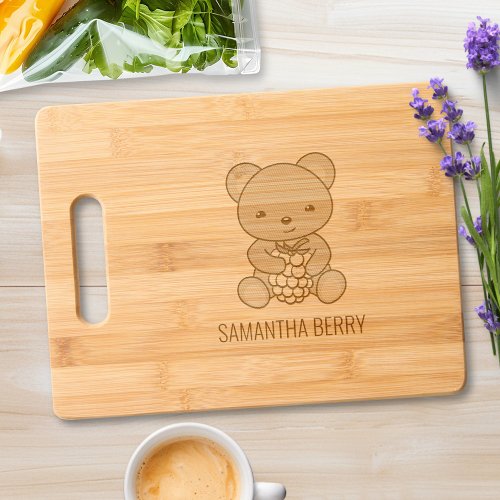 Cute Teddy Bear Holding a Berry Custom Name Cutting Board