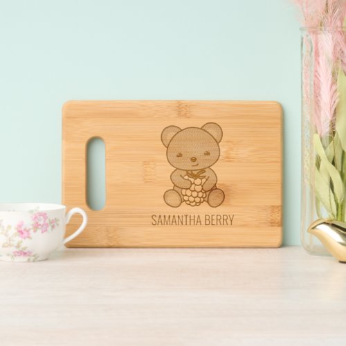 Cute Teddy Bear Holding a Berry Custom Name Cutting Board