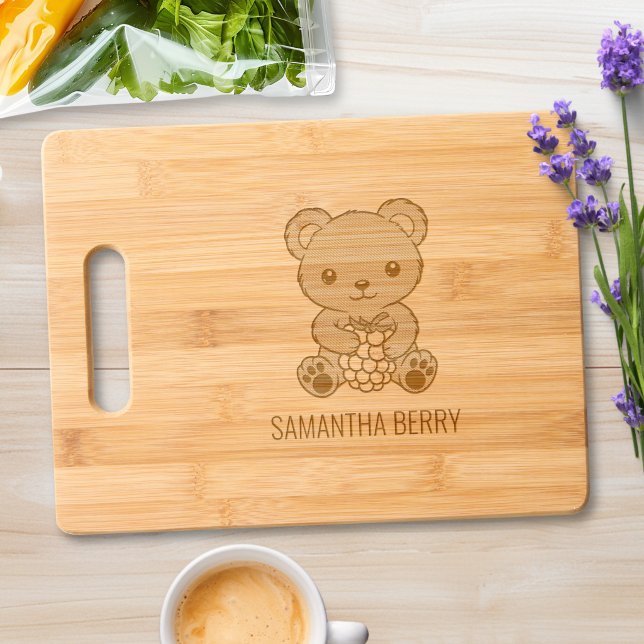 Cute Teddy Bear Holding a Berry Custom Name Engraved Cutting Board (Creator Uploaded)