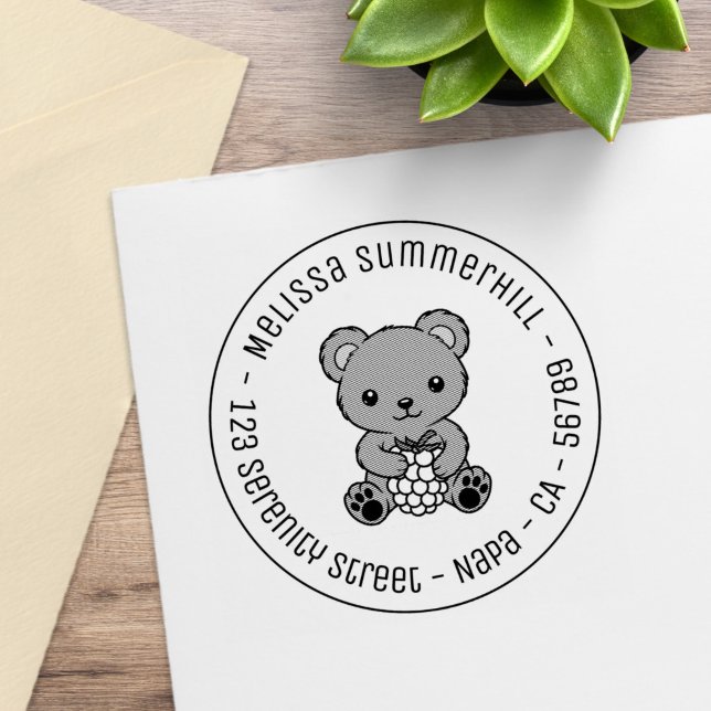 Cute Teddy Bear Holding a Berry Round Address Rubber Stamp (Creator Uploaded)