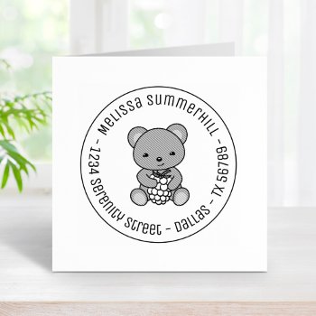 Cute Teddy Bear Holding A Berry Round Address Rubber Stamp by Chibibi at Zazzle
