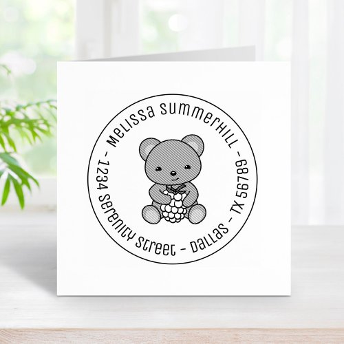 Cute Teddy Bear Holding a Berry Round Address Rubber Stamp