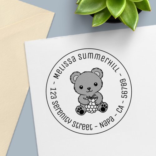 Cute Teddy Bear Holding a Berry Round Address Self-inking Stamp