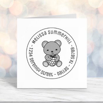 Cute Teddy Bear Holding A Berry Round Address Self-inking Stamp by Chibibi at Zazzle