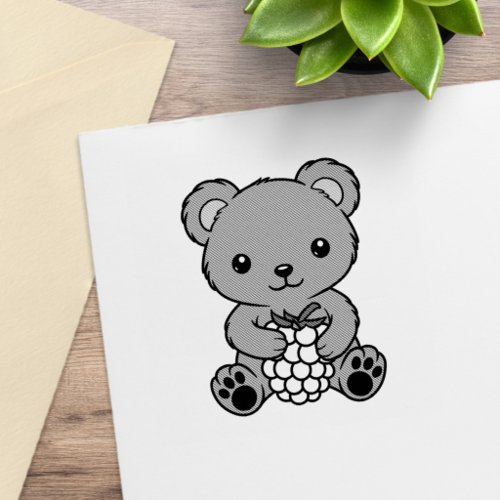 Cute Teddy Bear Holding a Berry Rubber Stamp