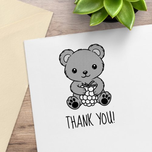 Cute Teddy Bear Holding a Berry Thank You Rubber Stamp