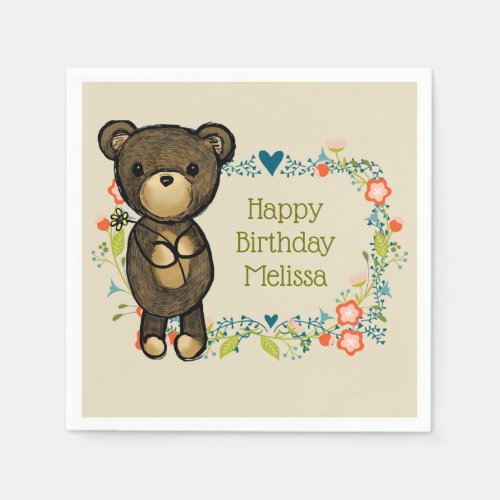 Cute Teddy Bear Holding a Flower Birthday Napkins