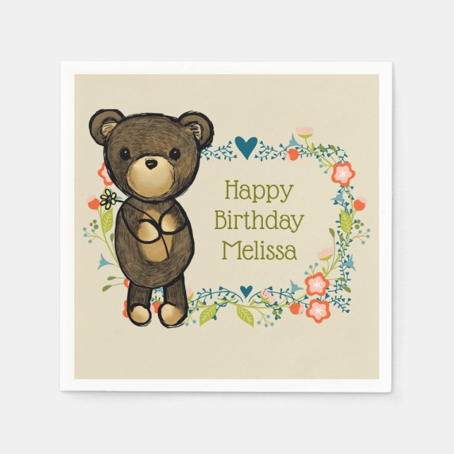 Cute Teddy Bear Holding a Flower Birthday Napkins (Front)