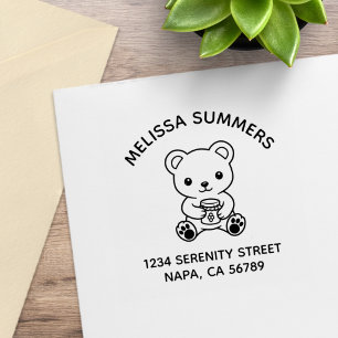 Cute Teddy Bear Holding a Honey Jar Arch Address Rubber Stamp