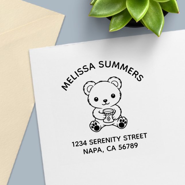 Cute Teddy Bear Holding a Honey Jar Arch Address Self-inking Stamp (Creator Uploaded)