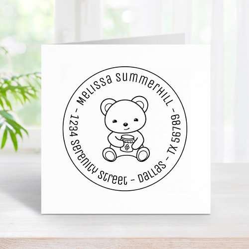 Cute Teddy Bear Holding a Honey Jar Round Address Rubber Stamp