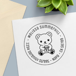 Cute Teddy Bear Holding a Honey Jar Round Address Self-inking Stamp