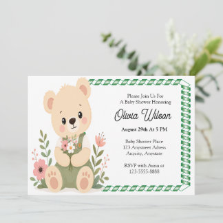 Cute Teddy Bear Holding a Wildflower Bouquet Invitation
