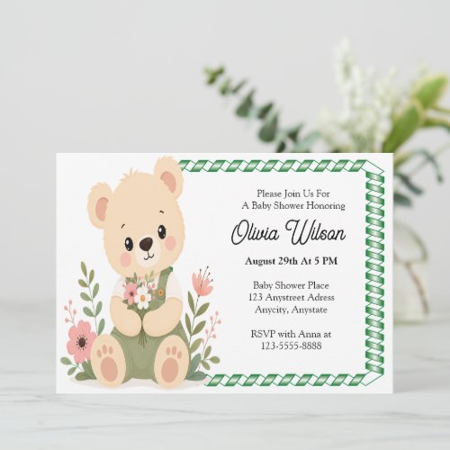 Cute Teddy Bear Holding a Wildflower Bouquet Invitation