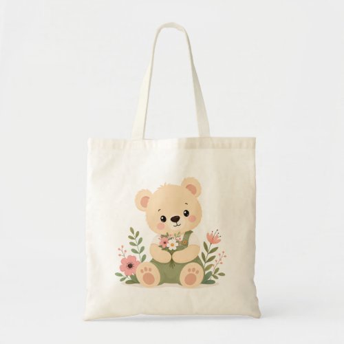 Cute Teddy Bear Holding a Wildflower Bouquet Tote Bag