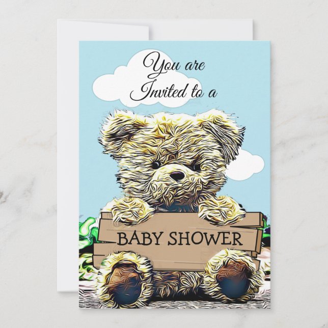 Cute Teddy Bear Holding  Baby Shower Sign Invitation (Front)