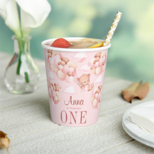 Cute Teddy Bear Holding Balloon Baby Girl Birthday Paper Cups