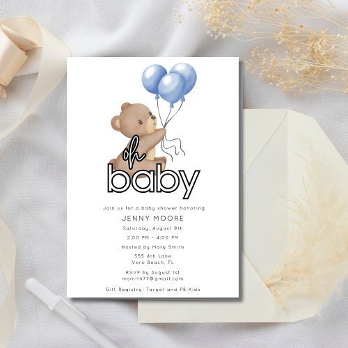 Cute Teddy Bear Holding Balloons Baby Shower Invitation