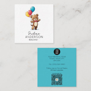 Cute Teddy bear holding balloons babysitter  Square Business Card