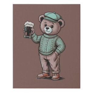 Cute Teddy Bear Holding Beer Faux Canvas Print