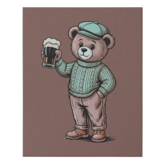 Cute Teddy Bear Holding Beer Faux Canvas Print