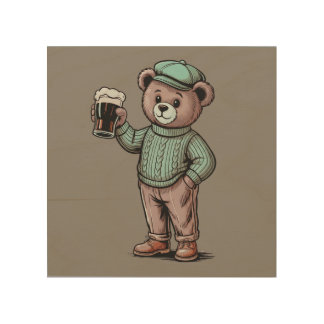 Cute Teddy Bear Holding Beer Wood Wall Art