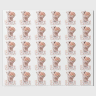 Cute Teddy Bear Holding Blush Peach Rose Bouquet Wrapping Paper