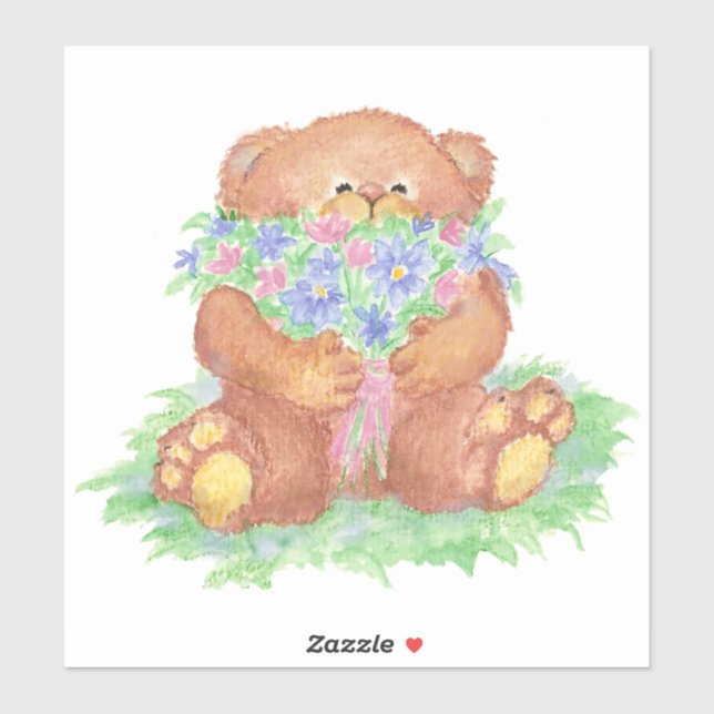 Cute Teddy Bear Holding Flowers Bouquet Sticker (Sheet)