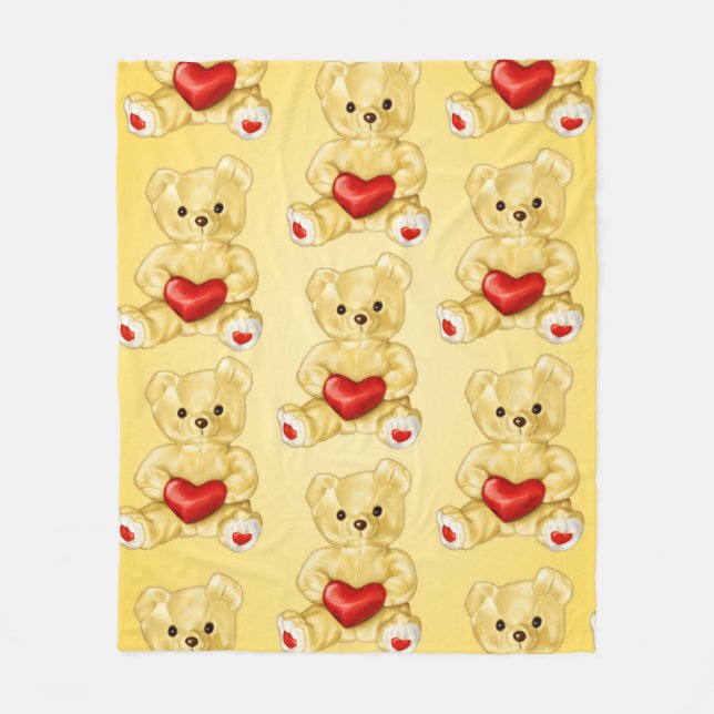 Cute Teddy Bear Holding Heart – Adorable Plush Toy Fleece Blanket (Front)